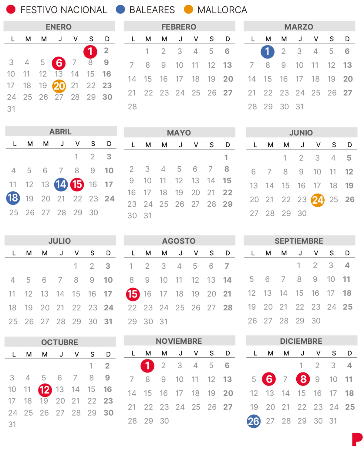 Calendario laboral de Palma de Mallorca de 2022