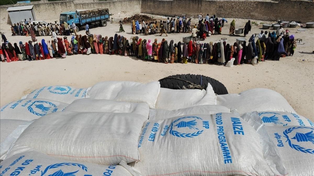 Desplazados somalís hacen cola para recibir alimentos del PAM, en un campo de Mogadiscio. Desplazados somalís hacen cola para recibir alimentos del PAM, en un campo de Mogadiscio.
