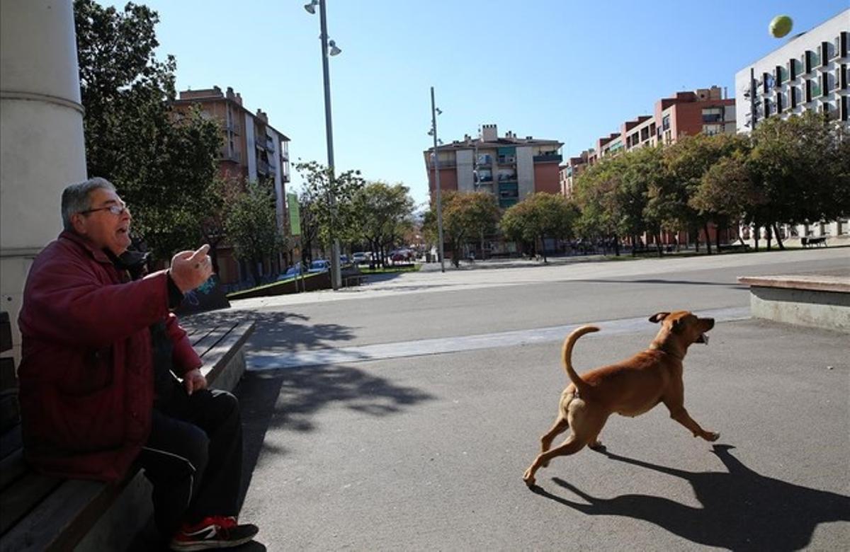 Un vecino del barrio juega con su perro en una plaza dura de Baró de Viver.