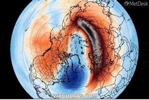 Anomalía de temperatura causada por una perturbación del vórtice polar.