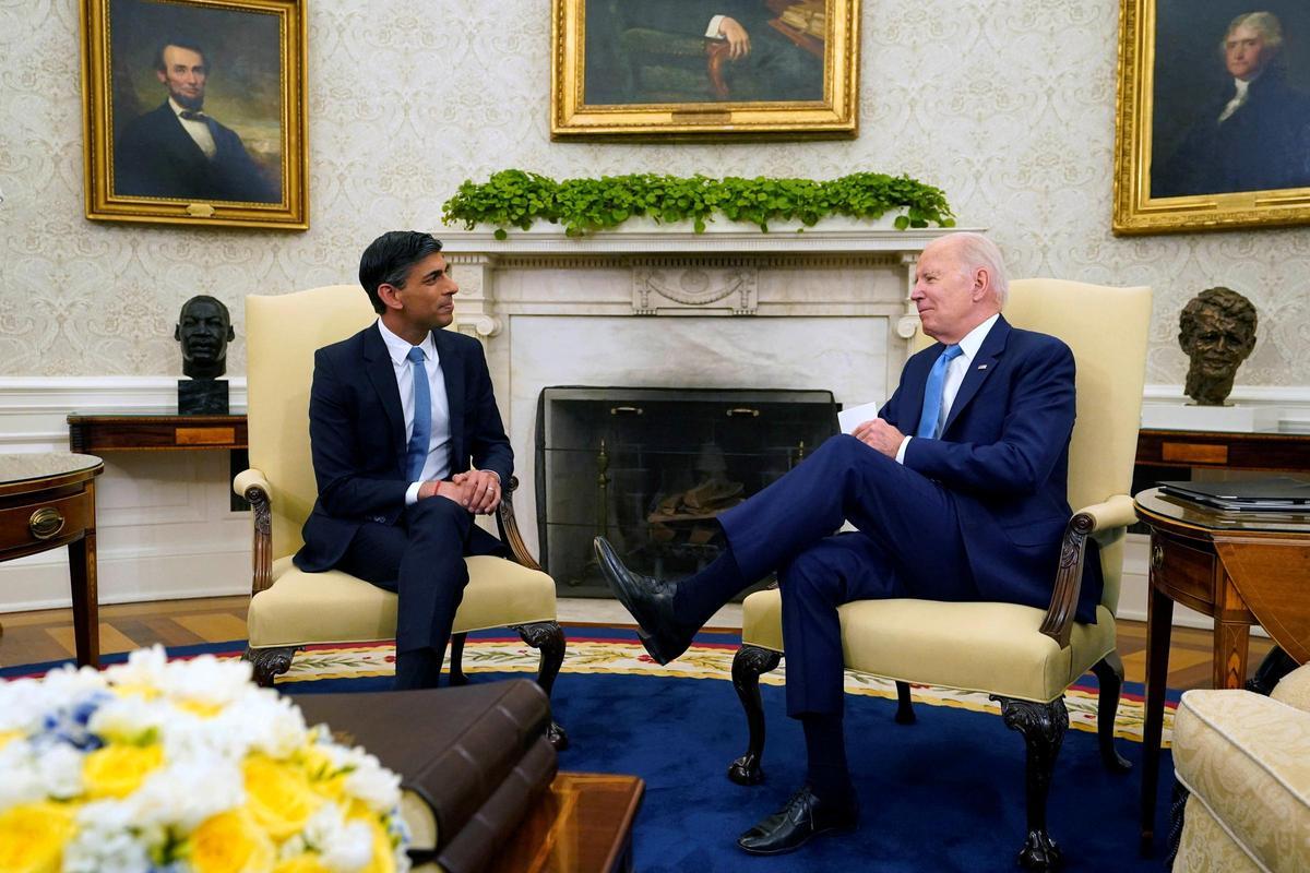 El primer ministro británico, Rishi Sunak, y el presidente de EEUU, Joe Biden, durante su reunión de este jueves en la Casa Blanca. El primer ministro británico, Rishi Sunak, y el presidente de EEUU, Joe Biden, durante su reunión de este jueves en la Casa Blanca.