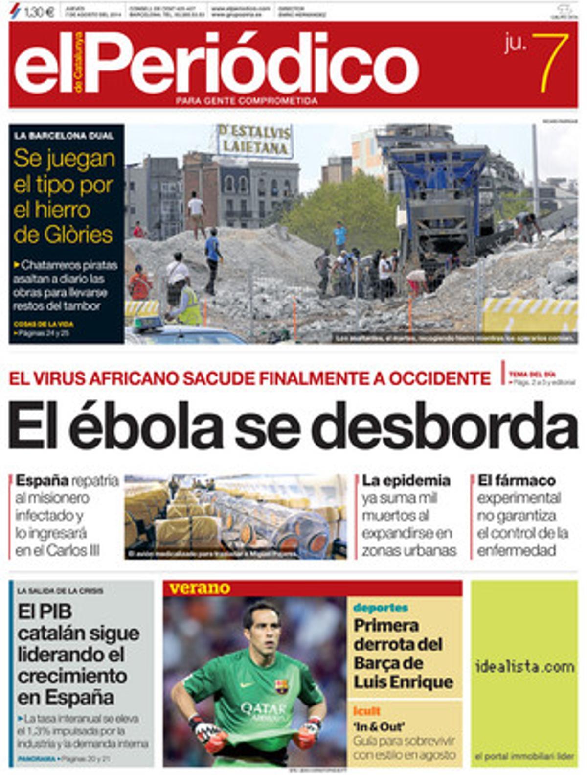 El ébola se desborda', en la portada de EL PERIÓDICO DE CATALUNYA