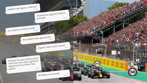 Los mensajes en el grupo de whatsapp, sobre una imagen de las tribunas abarrotadas de aficionados el pasado 22 de mayo en Montmeló para el GP de España de F1. /
