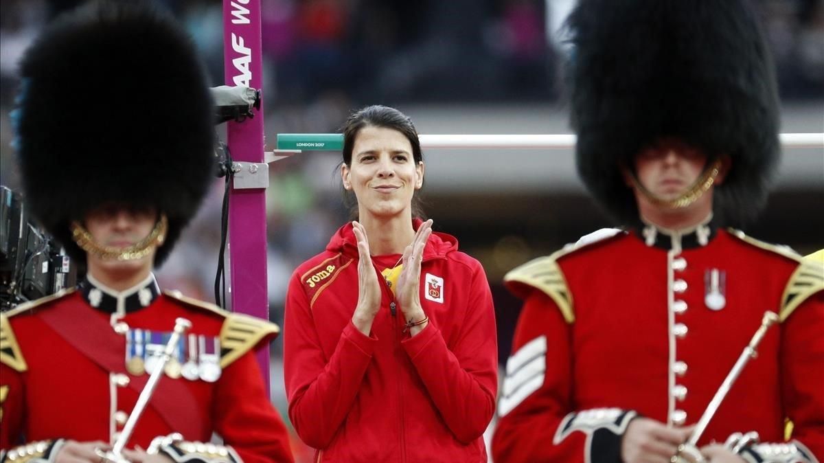 Ruth Beitia, durante la presentación de la final de salto de altura en los Mundiales de Londres 2017. Ruth Beitia, durante la presentación de la final de salto de altura en los Mundiales de Londres 2017.