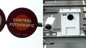 Señal de aviso de un semáforo con control fotográfico y un radar en una avenida de Barcelona.