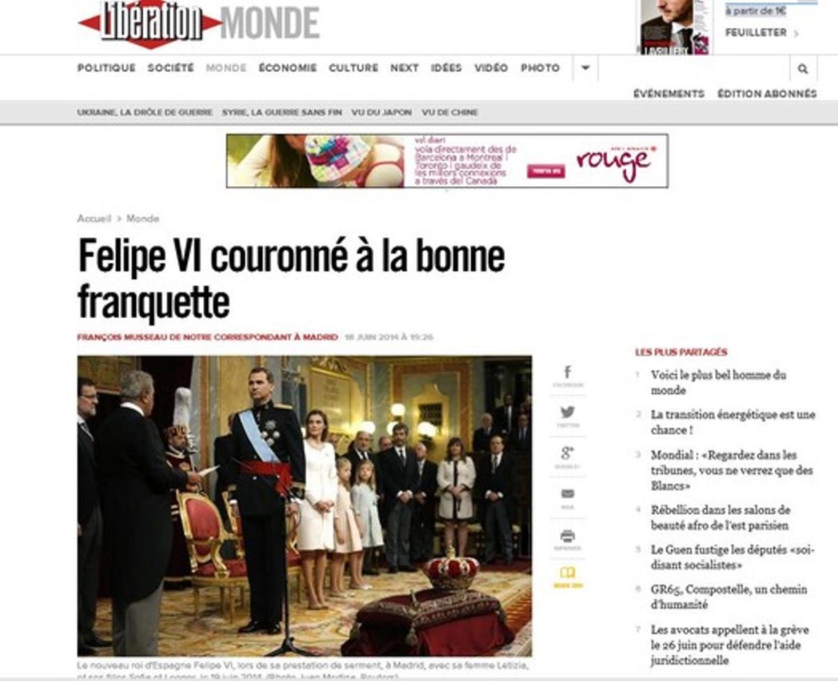 Capçalera ’Libération’ es fa ressò de la coronació de Felip VI.