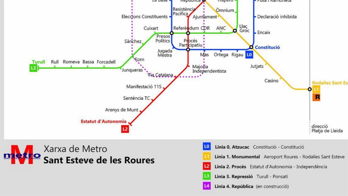 Detalle del plano de las líneas de metro de Sant Esteve de les Roures.