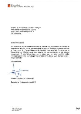 Alegaciones enviadas por el Govern al Senado en contra de la aplicación del artículo 155 en Catalunya.