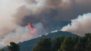 Vista del incendio que este domingo sigue quemando en Conca de Barberà y Anoia.