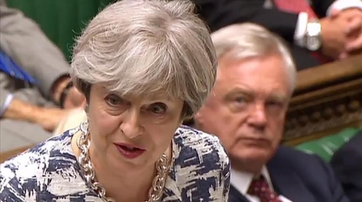 May durante la intervención en que ha explicado su oferta sobre los residentes europeos en el Reino Unido. May durante la intervención en que ha explicado su oferta sobre los residentes europeos en el Reino Unido.
