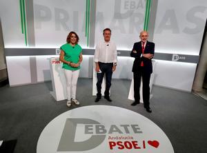 Susana Díaz, Juan Espadas y Luis Ángel Hierro, el pasado 8 de junio en el único debate entre los tres candidatos de las primarias del PSOE-A a la Junta. 