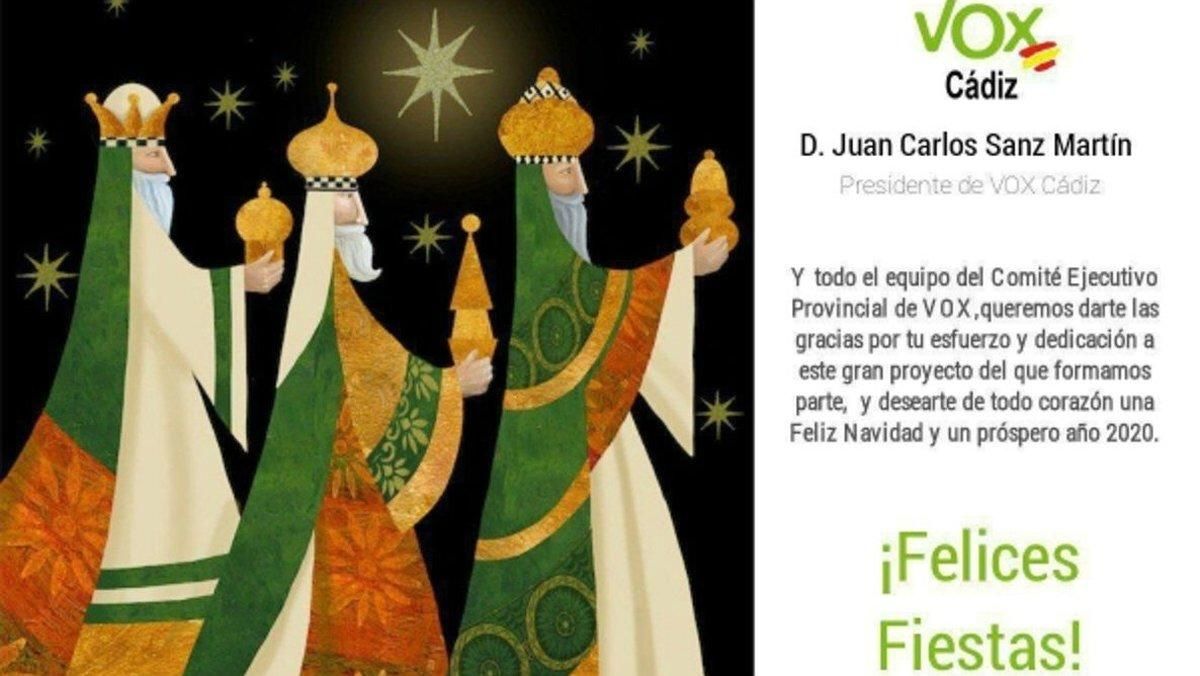 La primera felicitación navideña de Vox Cádiz, con los tres Reyes Magos blancos. La primera felicitación navideña de Vox Cádiz, con los tres Reyes Magos blancos.