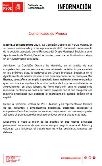 Declaración del directivo del PSOE-M tras la dimisión de Pepu Hernández Declaración del directivo del PSOE-M tras la dimisión de Pepu Hernández