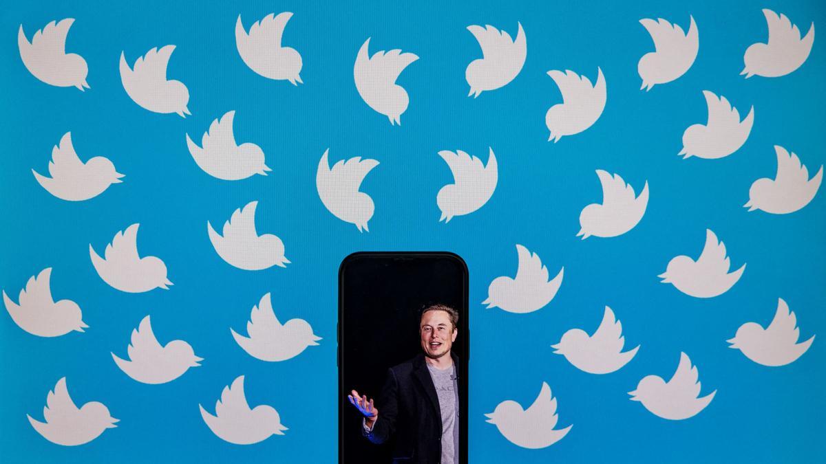 Elon Musk rodeado de logotipos de Twitter 