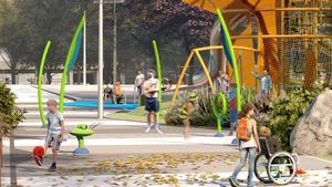 Render de los juegos de agua en forma de duchas, en verano, en los futuros jardines de Málaga (Barcelona)