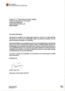 Carta de Quim Torra a Pedro Sánchez, instándole a abordar los términos del diálogo.