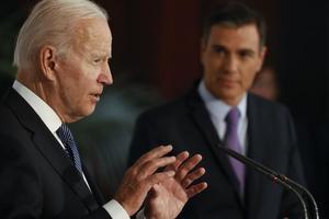 El presidente de EEUU, Joe Biden, y el presidente del Gobierno, Pedro Sánchez, este 28 de junio de 2022 durante su comparecencia conjunta en la Moncloa, tras su primera reunión bilateral.
