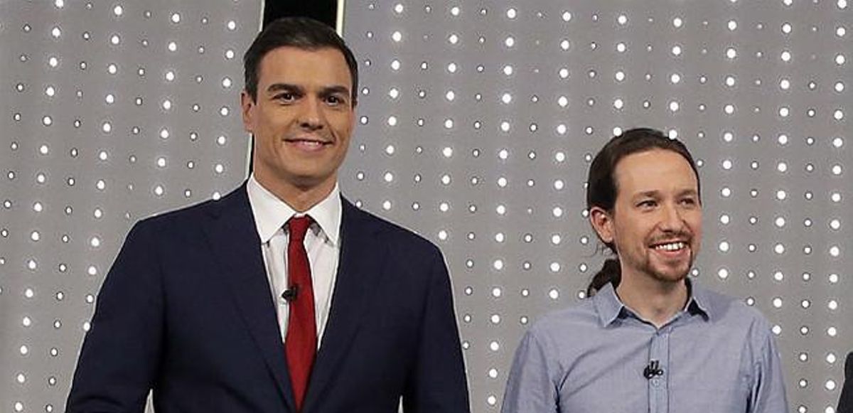 Pedro Sánchez y Pablo Iglesias, durante el debate a cuatro celebrado en Antena 3 y La Sexta. Pedro Sánchez y Pablo Iglesias, durante el debate a cuatro celebrado en Antena 3 y La Sexta.