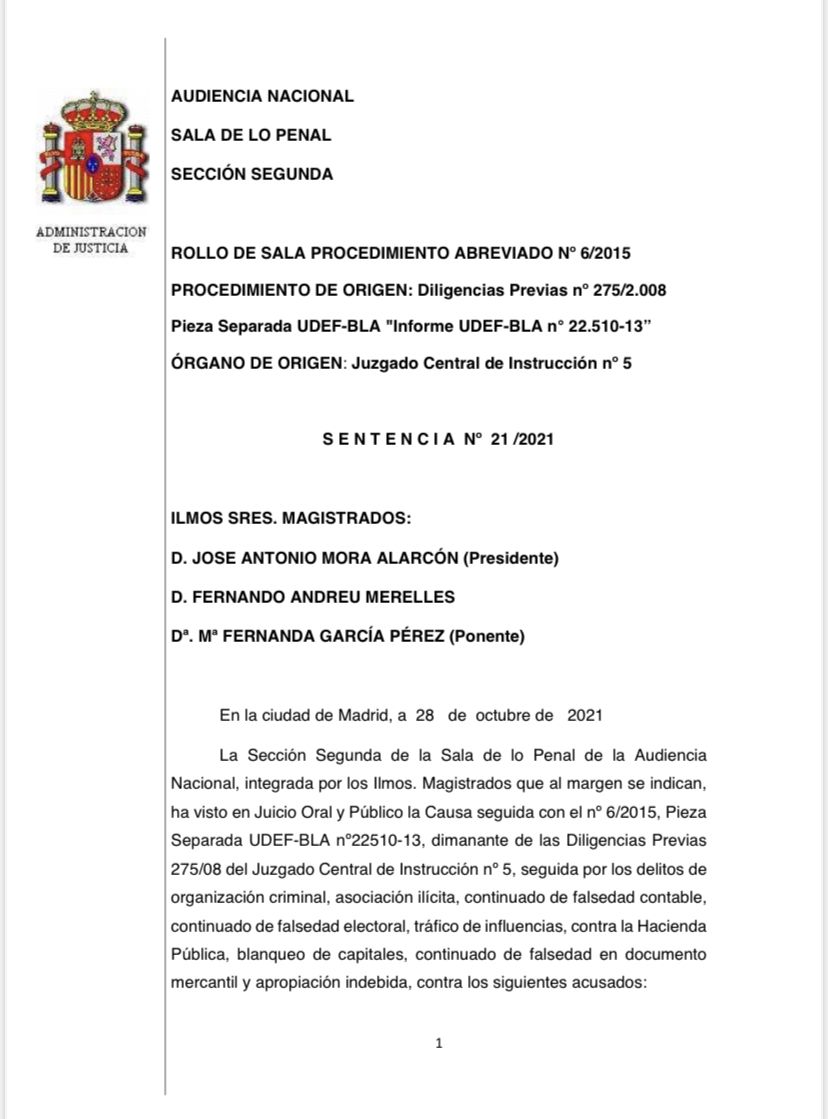 Sentencia íntegra de la Audiencia Nacional sobre los papeles de Bárcenas (28 de octubre de 2021)
