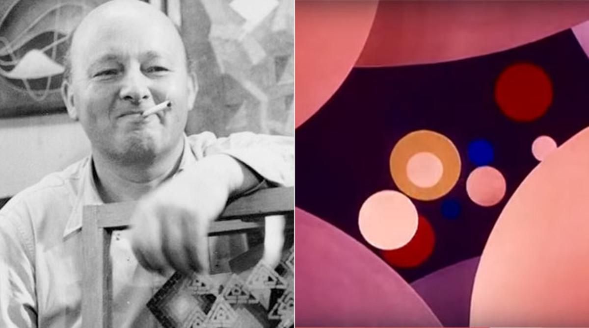 Oskar Fischinger, junto a un detalle de su ’Poema óptico’ (1938). Oskar Fischinger, junto a un detalle de su ’Poema óptico’ (1938).
