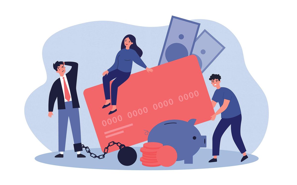 Ilustración de varias personas con ahorros y una tarjeta Ilustración de varias personas con ahorros y una tarjeta