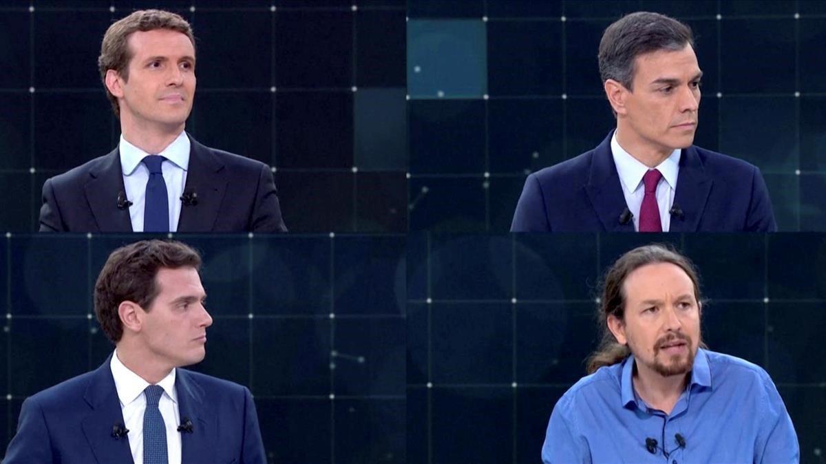 Pablo Casado, Pedro Sánchez, Albert Rivera y Pablo Iglesias, durante el debate de RTVE