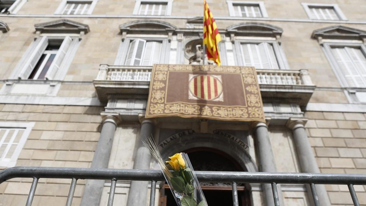 Fachada del Palau de la Generalitat con una rosa amarilla en primer plano.