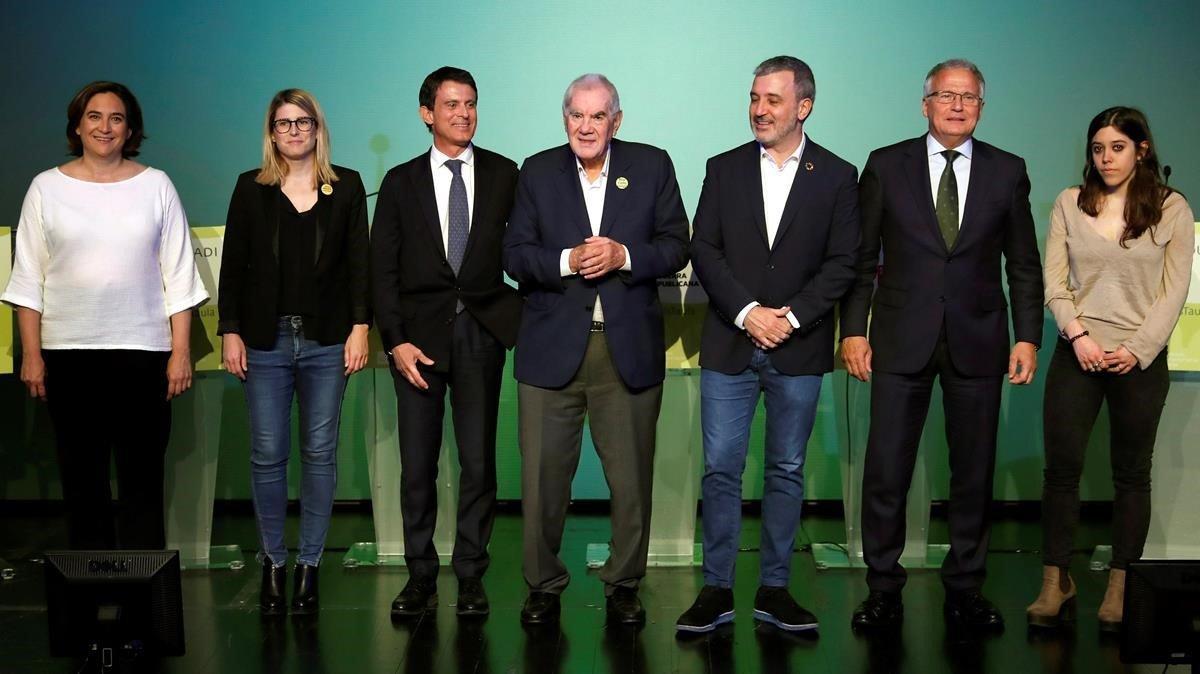 Los candidatos a la alcaldía de Barcelona Ada Colau (BC), Elsa Artadi (JxCat), Manuel Valls (Cs), Ernest Maragall, Jaume Collboni, Josep Bou y Anna Saliente (CUP), el pasado 25 de abril.