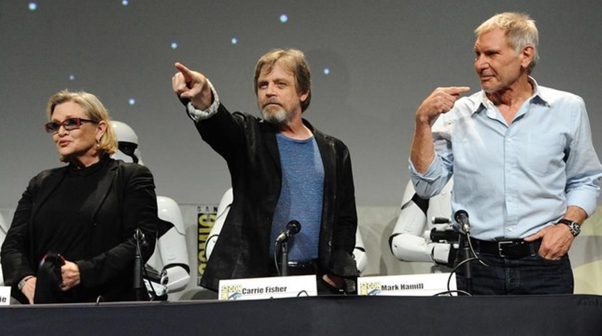 Carrie Fisher, Mark Hamill y Harrison Ford, en el Comic-Con de San Diego, en julio de este año.