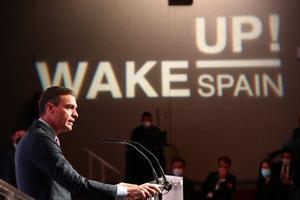 El presidente del Gobierno, Pedro Sánchez, durante su intervención en la inauguración del foro Wake up Spain!.