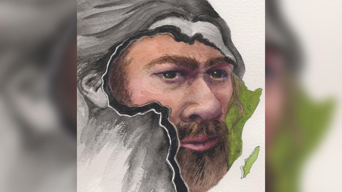Retrato artístico de un rostro neandertal sobre la silueta de África