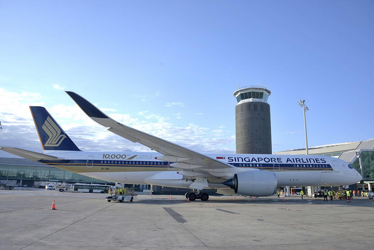 El avión A350 de Singapore Airlines en Barcelona.