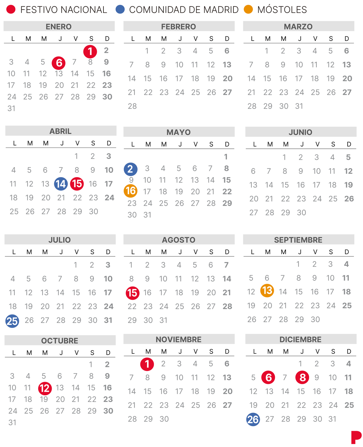 Calendario laboral de Móstoles del 2022.