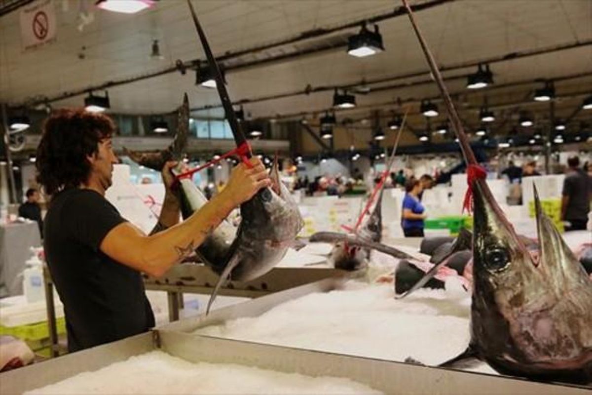 Un hombre coge un pez espada en el Mercado Central del Pescado de Mercabarna. Un hombre coge un pez espada en el Mercado Central del Pescado de Mercabarna.