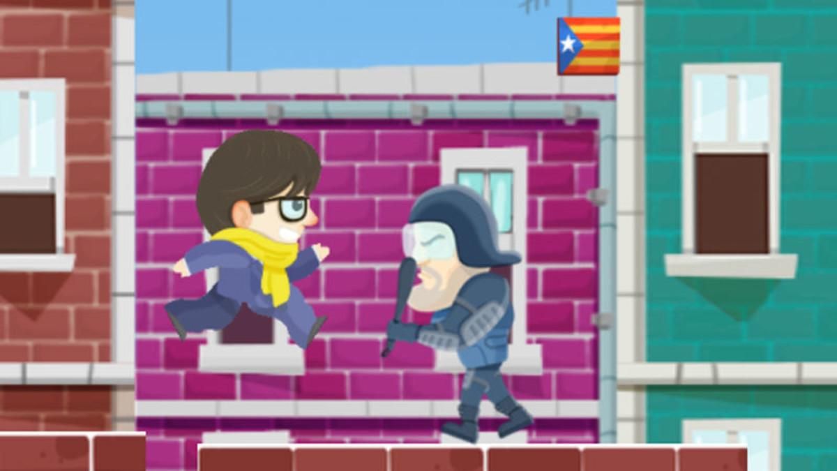 El personaje de Carles Puigdemont, frente a un antidisturbios en una imagen del juego ’Puigdemont Go!’. El personaje de Carles Puigdemont, frente a un antidisturbios en una imagen del juego ’Puigdemont Go!’.