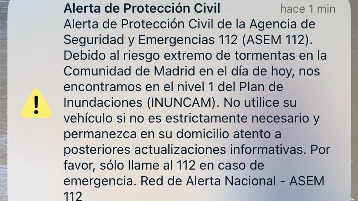 La Comunidad de Madrid envía una alerta masiva para avisar a los ciudadanos de la tormenta.