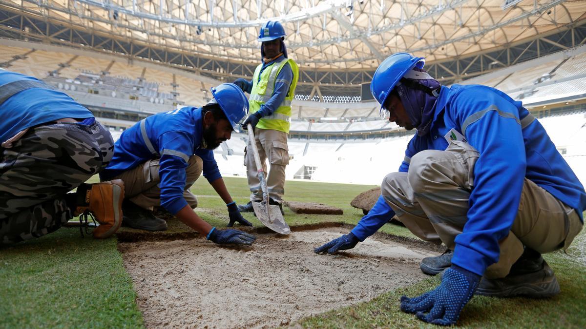 Trabajadores colocando el césped dentro del Estadio Lusail, sede de la final de la Copa del Mundo de Qatar 2022