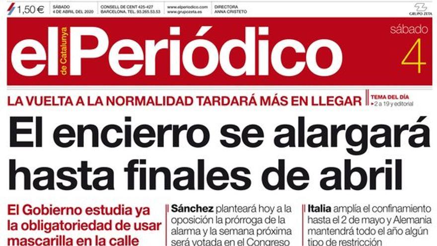 La Portada D'EL PERIÓDICO De L'4 De Abril Del 2020