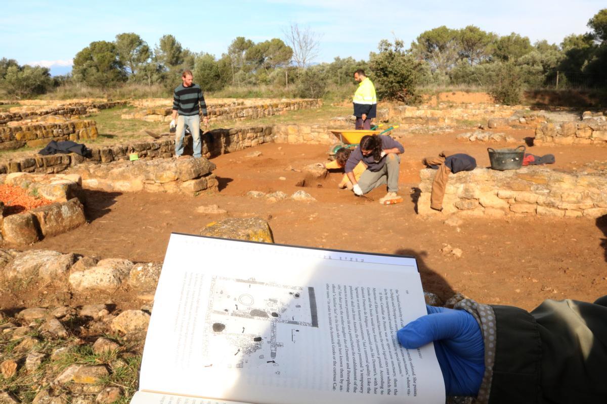 Un arqueólogo consulta un libro que habla de la poción, mientras sus compañeros trabajan en el yacimiento de Mas Castellar de Pontós.ACN / Gemma Tubert6/1/2023