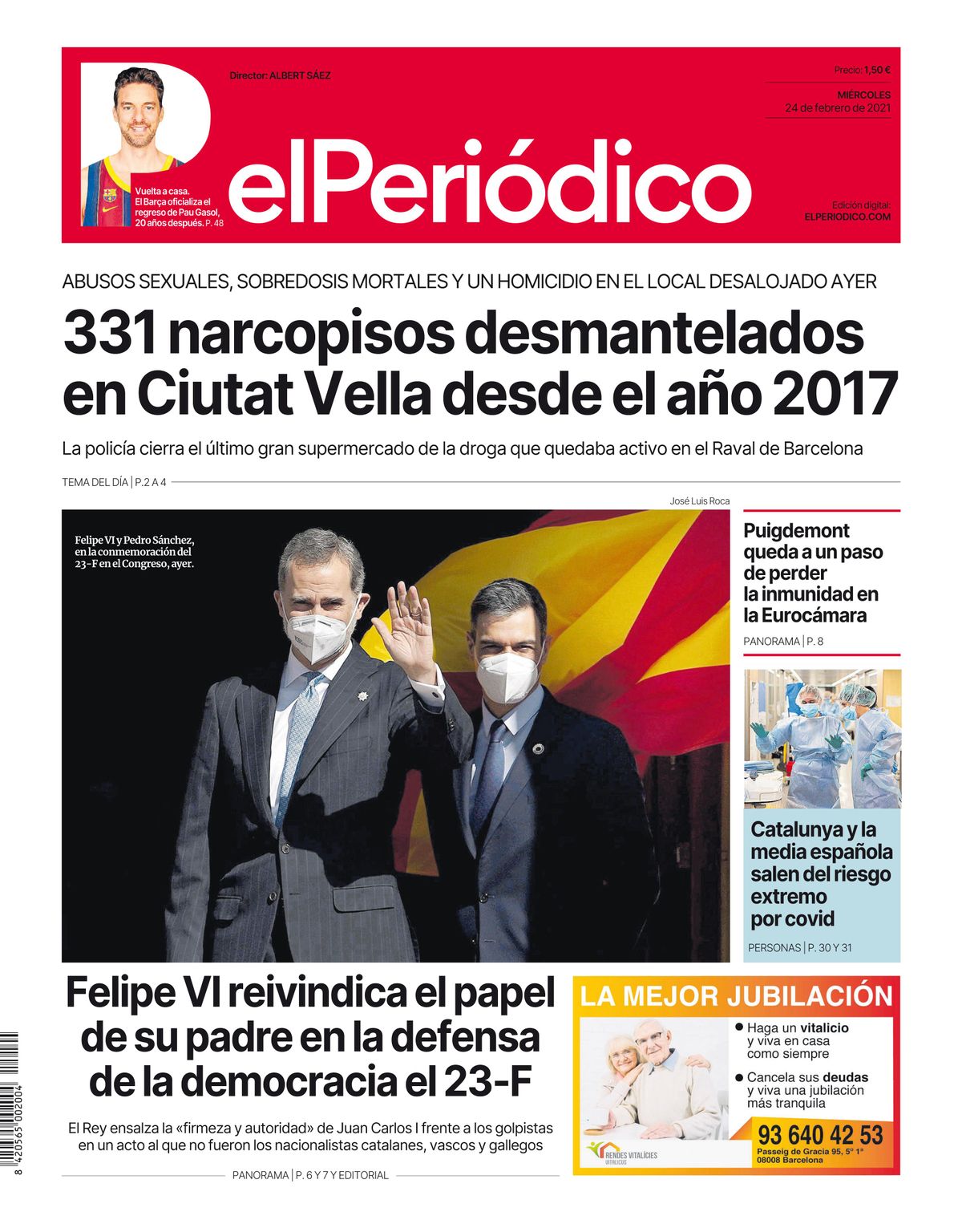 La portada de EL PERIÓDICO del 24 de febrero de 2021 La portada de EL PERIÓDICO del 24 de febrero de 2021