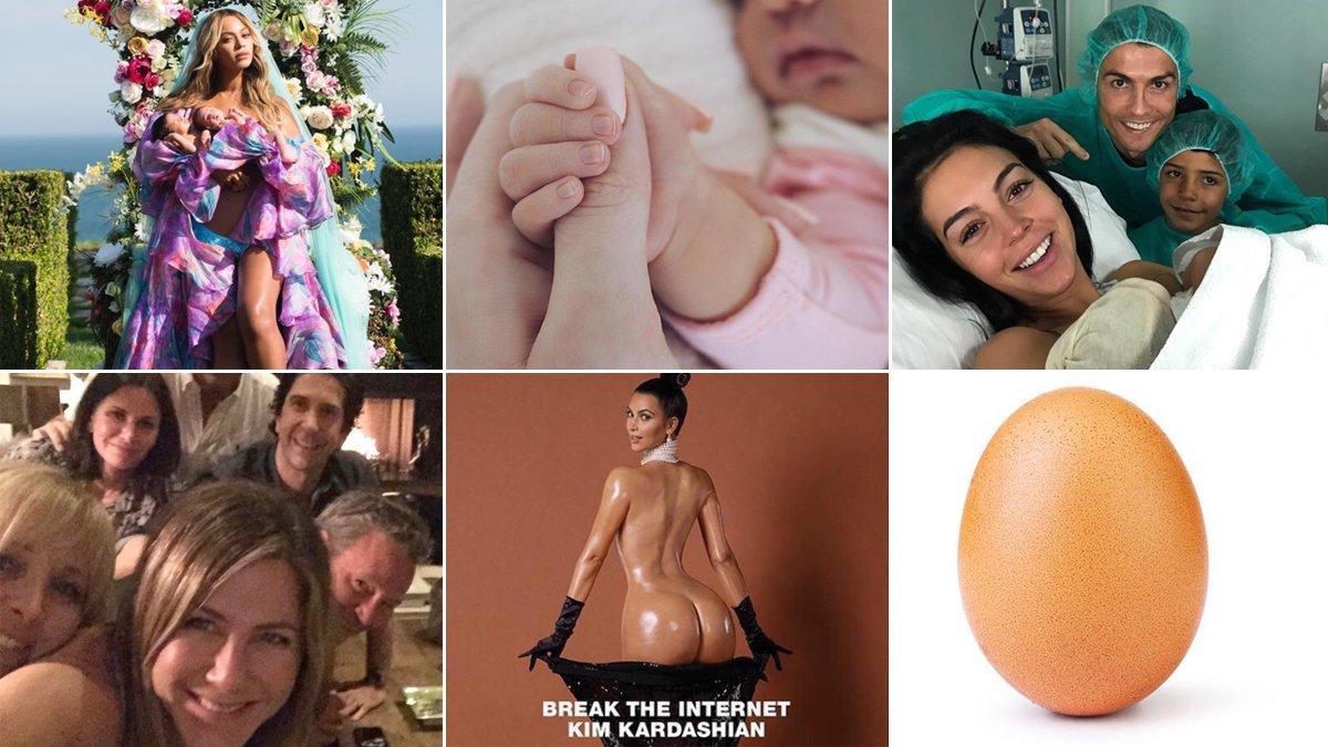 Algunas de las fotos más famosas de Instagram durante esta década: de arriba a abajo y de izquierda a derecha, Beyoncé, la hija de Kylie Jenner, Ronaldo, su mujer y su hijo, tras nacer su hija Alana, Jennifer Aniston y sus ’friends’, Kim Kardashian y un huevo.