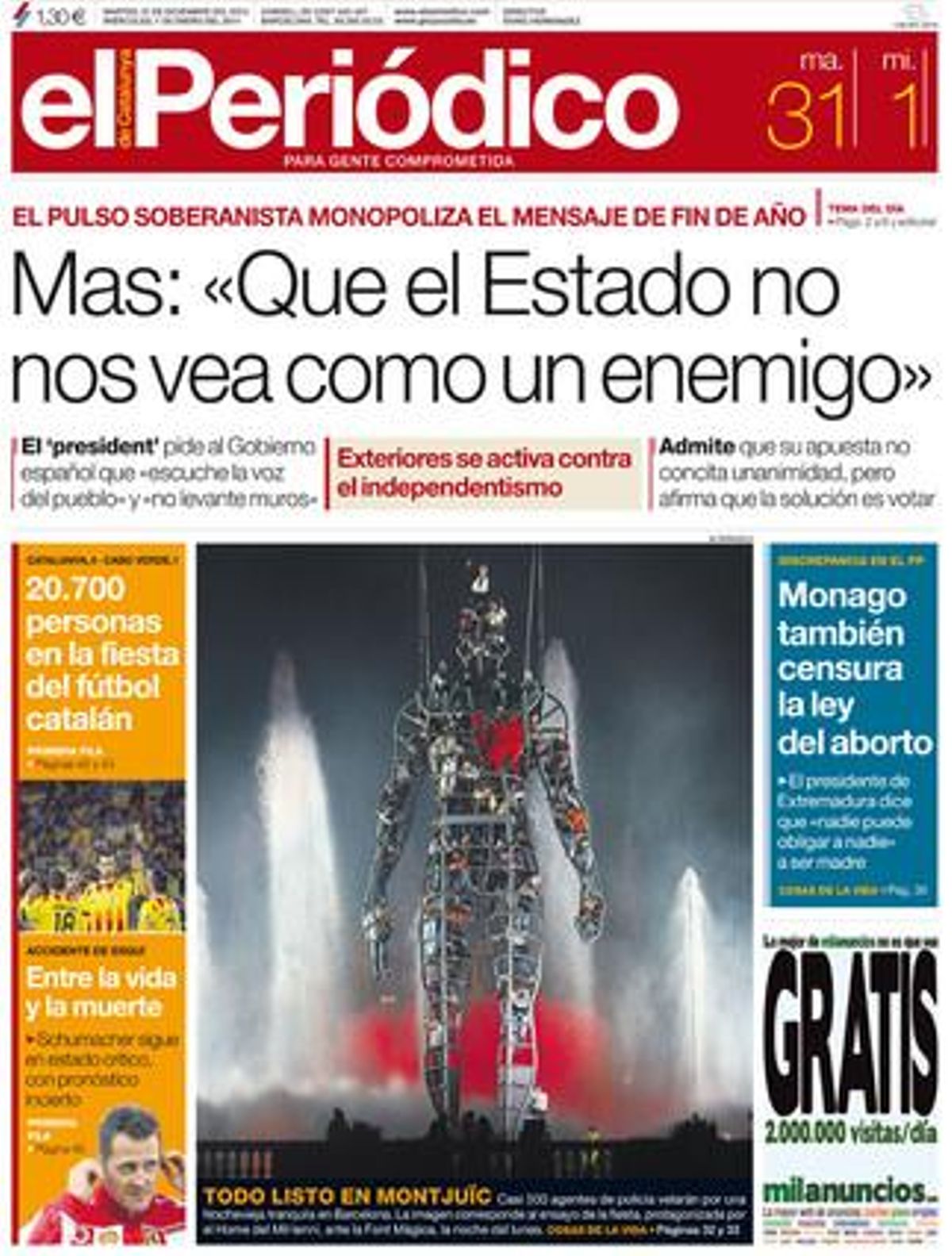 La portada de EL PERIÓDICO (31-12-2013). La portada de EL PERIÓDICO (31-12-2013).