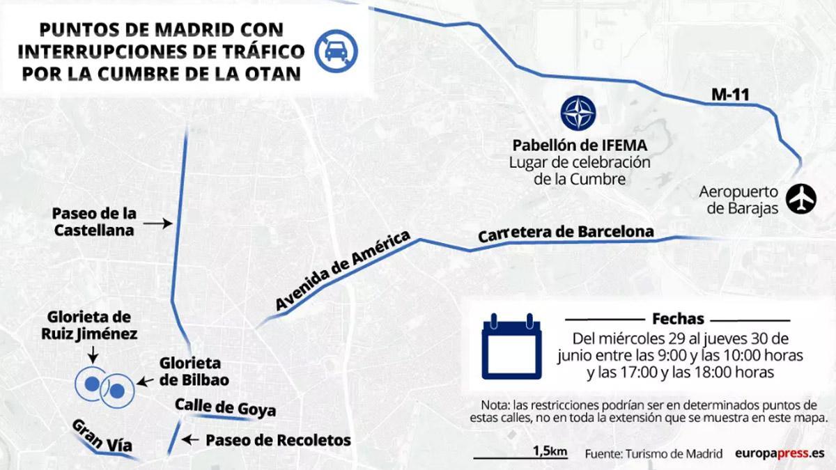 Puntos de Madrid con interrupciones de tráfico por la Cumbre de la OTAN Puntos de Madrid con interrupciones de tráfico por la Cumbre de la OTAN
