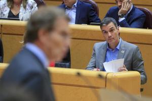 El presidente del Gobierno, Pedro Sánchez, escucha la intervención del líder del PP, Alberto Núñez Feijóo (i), en una imagen de archivo.
