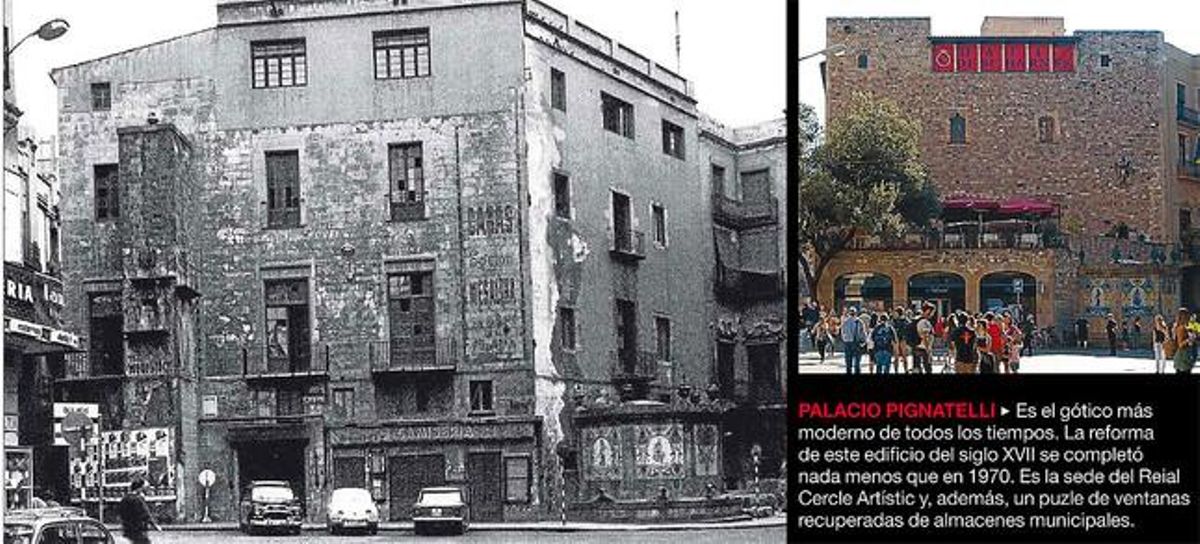 La sede del Reial Cercle Artistic, antes y después de su gotificación. La sede del Reial Cercle Artistic, antes y después de su gotificación.