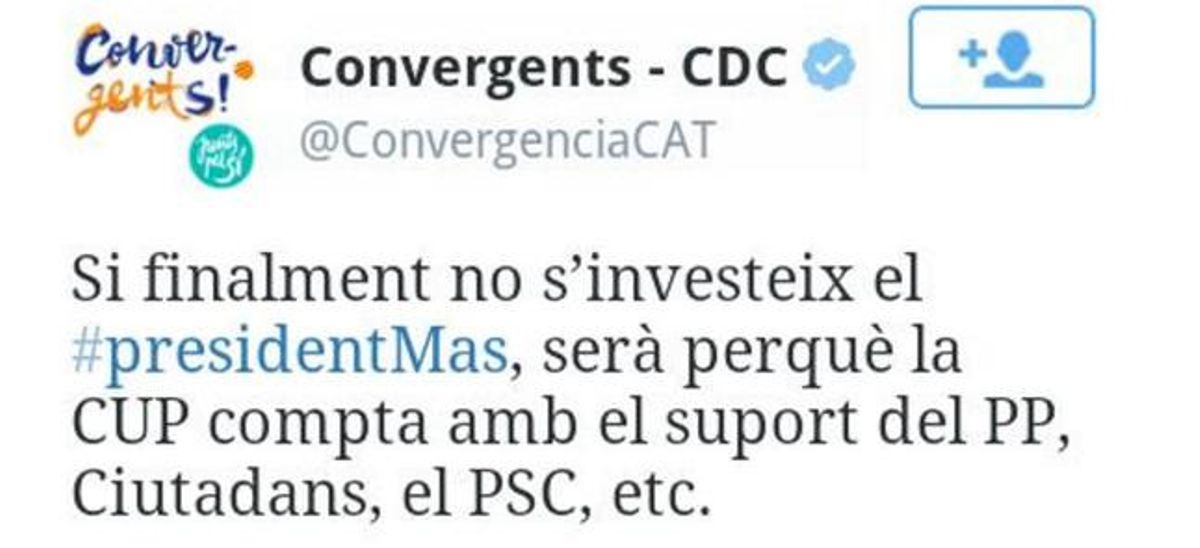 El tuit eliminado por CDC en el que arremetía contra la CUP y su negativa a apoyar la investidura de Artur Mas. El tuit eliminado por CDC en el que arremetía contra la CUP y su negativa a apoyar la investidura de Artur Mas.
