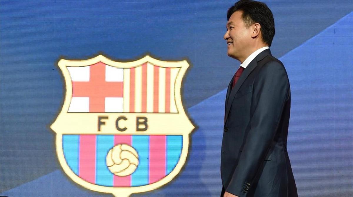 Hiroshi Mikitani, en la presentación del acuerdo de patrocinio de Rakuten con el Barça, el pasado miércoles.