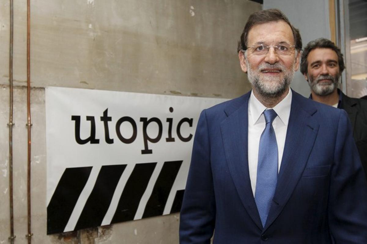 Mariano Rajoy, a su llegada a un acto con cien pequeños y medianos empresarios, en la sede de Utopic_US, en Madrid.
