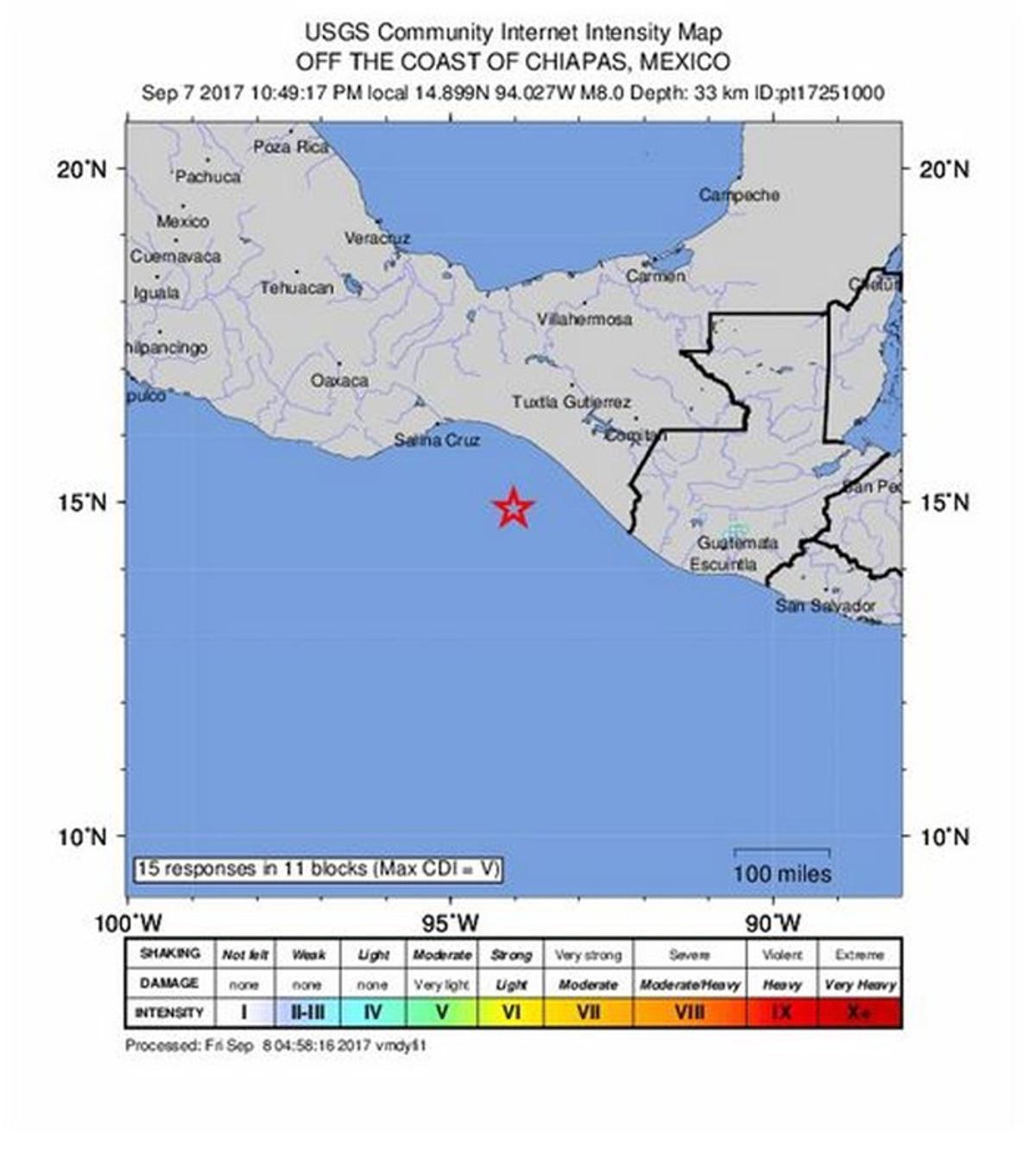 Ubicación de un terremoto de magnitud 8.0 que impactó a una profundidad de 33 km a las 10:49 pm hora local frente a la costa de Tres Picos, México.