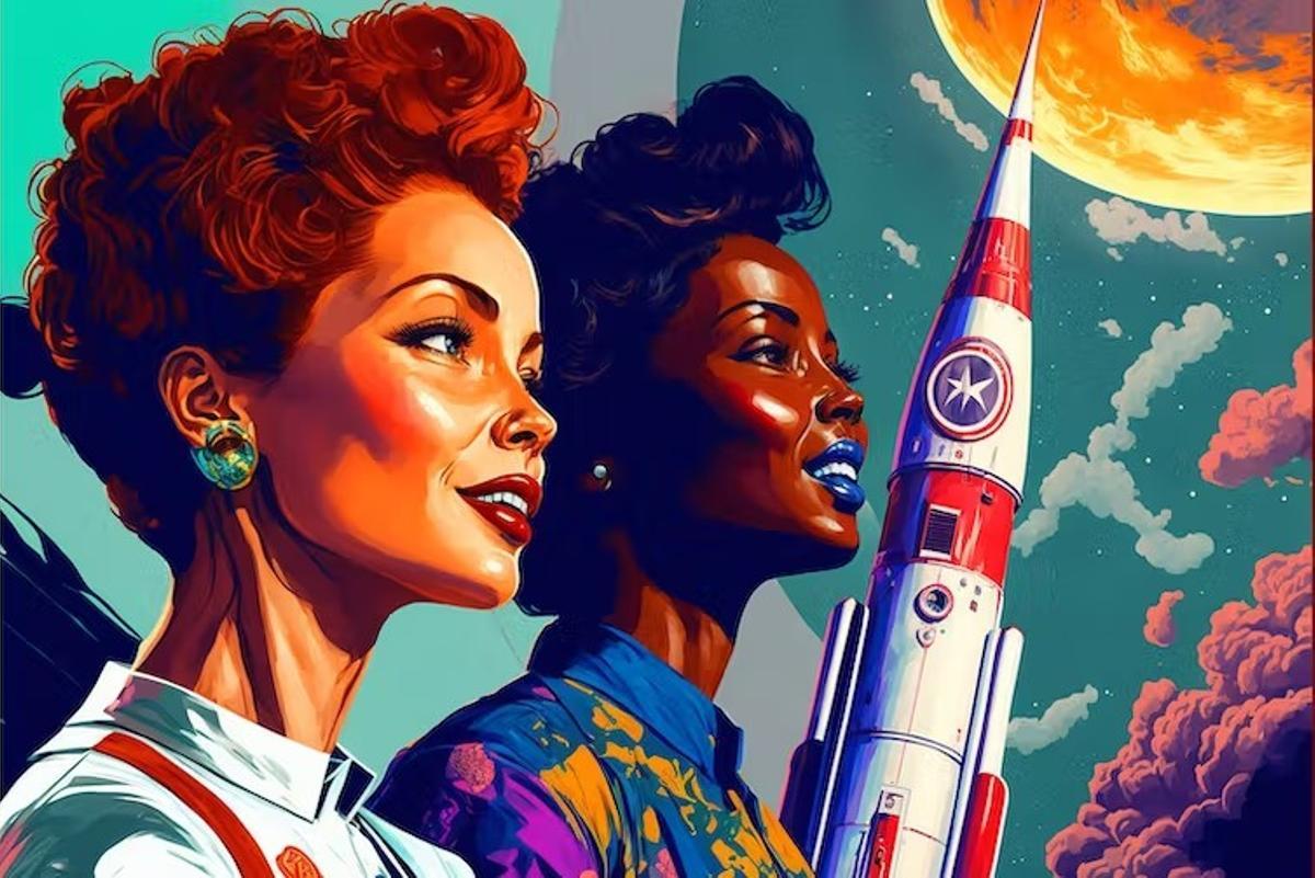 Imagen reinterpretada en el proyecto ‘Mujeres de vanguard-IA’ de Mary Jackson y Valentina Tereshkova, referentes en la exploración espacial. 